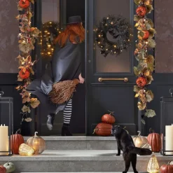 Halloween Wreath with Lights, Lighted Garland, Halloween Wreaths for Front Door,Black Bat for Front Door Outdoor Decorations Spooky Glitter Home Party Props Decor