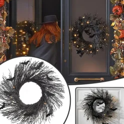 Halloween Wreath with Lights, Lighted Garland, Halloween Wreaths for Front Door,Black Bat for Front Door Outdoor Decorations Spooky Glitter Home Party Props Decor