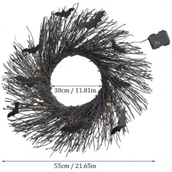 Halloween Wreath with Lights, Lighted Garland, Halloween Wreaths for Front Door,Black Bat for Front Door Outdoor Decorations Spooky Glitter Home Party Props Decor