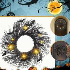 Halloween Wreath with Lights, Lighted Garland, Halloween Wreaths for Front Door,Black Bat for Front Door Outdoor Decorations Spooky Glitter Home Party Props Decor