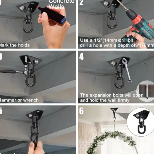 Hammock Hanging Kit, 360° Rotate 1000 Lb Capacity Heavy Duty Swing Permanent Antirust Stainless Steel Silent Ultra Durable Hooks, Multiple Indoor Outdoor Gym Yoga Tree Hammock Chair Sandbag Swing Sets