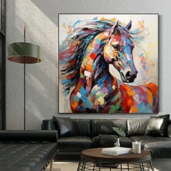 Hand painted Abstract Horse Painting Modern Fine Art Abstract Animal Painting Wall Art Palette Knife Artwork Animalistic Decor for Living Room Stretched Frame Ready to Hang or Unframed