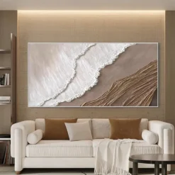 Hand painted 3D Earth Tone painting handmade Minimalist Ocean Painting on Canvas Textured Wall Art Sea Wave Painting Wabi-Sabi art Wall Art painting Morden Art for Bedroom Wall Decoration