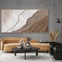 Hand painted 3D Earth Tone painting handmade Minimalist Ocean Painting on Canvas Textured Wall Art Sea Wave Painting Wabi-Sabi art Wall Art painting Morden Art for Bedroom Wall Decoration