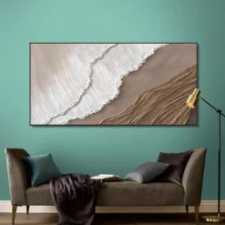 Hand painted 3D Earth Tone painting handmade Minimalist Ocean Painting on Canvas Textured Wall Art Sea Wave Painting Wabi-Sabi art Wall Art painting Morden Art for Bedroom Wall Decoration