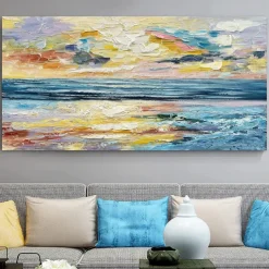 Hand Painted Oil Paintings Canvas Wall Art Decoration Modern Abstract Sunset Dusk Sea Landscape for Living Room Home Decor Rolled Frameless Unstretched Painting