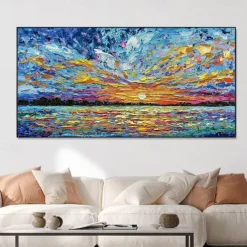 Hand Painted Oil Paintings Canvas Wall Art Decoration Modern Abstract Sunset Dusk Sea Landscape for Living Room Home Decor Rolled Frameless Unstretched Painting