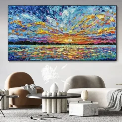 Hand Painted Oil Paintings Canvas Wall Art Decoration Modern Abstract Sunset Dusk Sea Landscape for Living Room Home Decor Rolled Frameless Unstretched Painting