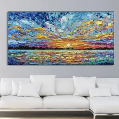 Hand Painted Oil Paintings Canvas Wall Art Decoration Modern Abstract Sunset Dusk Sea Landscape for Living Room Home Decor Rolled Frameless Unstretched Painting