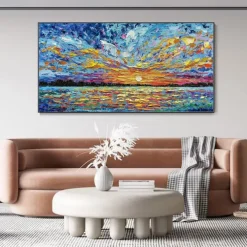 Hand Painted Oil Paintings Canvas Wall Art Decoration Modern Abstract Sunset Dusk Sea Landscape for Living Room Home Decor Rolled Frameless Unstretched Painting