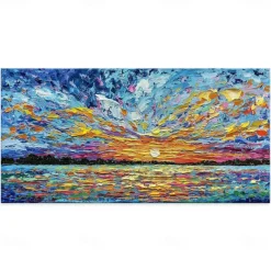 Hand Painted Oil Paintings Canvas Wall Art Decoration Modern Abstract Sunset Dusk Sea Landscape for Living Room Home Decor Rolled Frameless Unstretched Painting