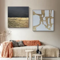 Hand painted Original Textured Wall Art Extra Large Gold And Black Abstract Art Rich Texture Canvas Art Abstract Modern Art Gold Leaf Painting Home Decor Stretched Frame Ready to Hang or Unframed
