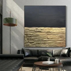 Hand painted Original Textured Wall Art Extra Large Gold And Black Abstract Art Rich Texture Canvas Art Abstract Modern Art Gold Leaf Painting Home Decor Stretched Frame Ready to Hang or Unframed