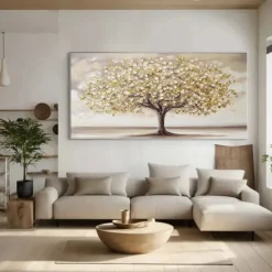 Hand painted Scenery Oil Painting on Canvas Handmade Textured Trees in Autumn Yellow Grassland Acrylic Painting River Landscape Wall Art oil painting for bedroom living room artwork