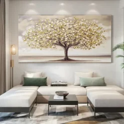 Hand painted Scenery Oil Painting on Canvas Handmade Textured Trees in Autumn Yellow Grassland Acrylic Painting River Landscape Wall Art oil painting for bedroom living room artwork