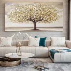 Hand painted Scenery Oil Painting on Canvas Handmade Textured Trees in Autumn Yellow Grassland Acrylic Painting River Landscape Wall Art oil painting for bedroom living room artwork