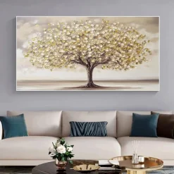 Hand painted Scenery Oil Painting on Canvas Handmade Textured Trees in Autumn Yellow Grassland Acrylic Painting River Landscape Wall Art oil painting for bedroom living room artwork