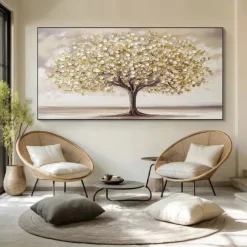 Hand painted Scenery Oil Painting on Canvas Handmade Textured Trees in Autumn Yellow Grassland Acrylic Painting River Landscape Wall Art oil painting for bedroom living room artwork