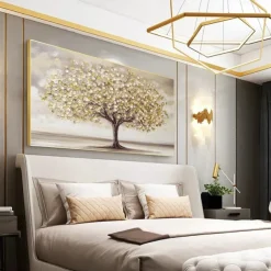 Hand painted Scenery Oil Painting on Canvas Handmade Textured Trees in Autumn Yellow Grassland Acrylic Painting River Landscape Wall Art oil painting for bedroom living room artwork