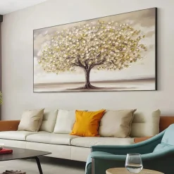 Hand painted Scenery Oil Painting on Canvas Handmade Textured Trees in Autumn Yellow Grassland Acrylic Painting River Landscape Wall Art oil painting for bedroom living room artwork