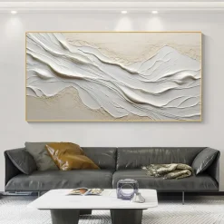 Hand painted Textured White Abstract Sandy Beach Oil Painting on Canvas handmade Original Blue Ocean Painting Custom Art Decor for Living room Wall Decor Wall Art