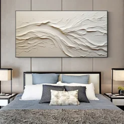 Hand painted Textured White Abstract Sandy Beach Oil Painting on Canvas handmade Original Blue Ocean Painting Custom Art Decor for Living room Wall Decor Wall Art