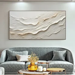 Hand painted Textured White Abstract Sandy Beach Oil Painting on Canvas handmade Original Blue Ocean Painting Custom Art Decor for Living room Wall Decor Wall Art