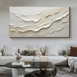 Hand painted Textured White Abstract Sandy Beach Oil Painting on Canvas handmade Original Blue Ocean Painting Custom Art Decor for Living room Wall Decor Wall Art