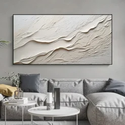 Hand painted Textured White Abstract Sandy Beach Oil Painting on Canvas handmade Original Blue Ocean Painting Custom Art Decor for Living room Wall Decor Wall Art