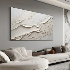 Hand painted Textured White Abstract Sandy Beach Oil Painting on Canvas handmade Original Blue Ocean Painting Custom Art Decor for Living room Wall Decor Wall Art
