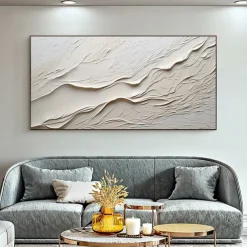 Hand painted Textured White Abstract Sandy Beach Oil Painting on Canvas handmade Original Blue Ocean Painting Custom Art Decor for Living room Wall Decor Wall Art