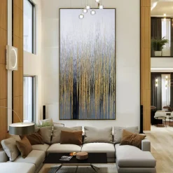 Hand painted Wall Art Canvas Oil Painting - Vertical painting Wall Art Abstract Painting Housewarming Gift - Golden Strokes Artwork Original Painting for living room decoration