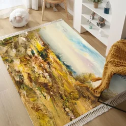 Hand Woven Cotton Linen Floor Mat Carpet Retro Oil Painting Round Bedside Tassel Aubusson Doormat Area Rug Bedroom Decor Bathroom Mat Entrance Rug