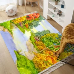 Hand Woven Cotton Linen Floor Mat Carpet Retro Oil Painting Round Bedside Tassel Aubusson Doormat Area Rug Bedroom Decor Bathroom Mat Entrance Rug