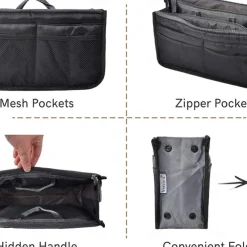 Handbag Organizer Insert for Women – Large Capacity, Zipper Closure, Portable with Handle – Ideal for Travel, Documents, Cards, and Small Items