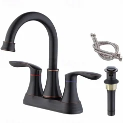 2-Handle 4-Inch Oil Rubbed Bronze Bathroom Faucet Bathroom Vanity Sink Faucets with Pop-up Drain and Supply Hoses