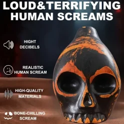 Handmade Aztec Death Whistle - Ceramic Skull-Shaped Wind Instrument Replica, Antique Yellow with Black & Orange Accents - Battery-Free Home Defense & Wild Beast Deterrent, Unique Gift for History Buff