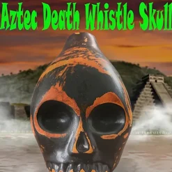 Handmade Aztec Death Whistle - Ceramic Skull-Shaped Wind Instrument Replica, Antique Yellow with Black & Orange Accents - Battery-Free Home Defense & Wild Beast Deterrent, Unique Gift for History Buff
