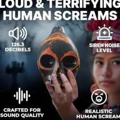 Handmade Aztec Death Whistle - Ceramic Skull-Shaped Wind Instrument Replica, Antique Yellow with Black & Orange Accents - Battery-Free Home Defense & Wild Beast Deterrent, Unique Gift for History Buff