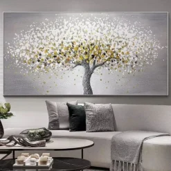 Handmade Canvas Wall Art Living Room Decorative Painting Modern Simple Sofa Background Wall Light Luxury Oil Painting Fortune Tree for Home Decor Rolled Frameless Unstretched Painting