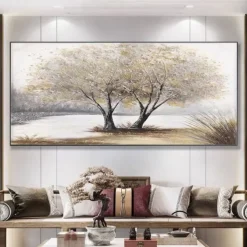 Handmade Canvas Wall Art Living Room Decorative Painting Modern Simple Sofa Background Wall Light Luxury Oil Painting Fortune Tree for Home Decor Rolled Frameless Unstretched Painting