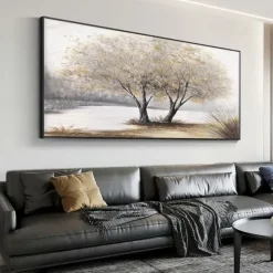 Handmade Canvas Wall Art Living Room Decorative Painting Modern Simple Sofa Background Wall Light Luxury Oil Painting Fortune Tree for Home Decor Rolled Frameless Unstretched Painting