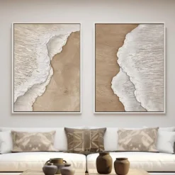 Handmade 3D Beige Minimalist Beach Painting Ocean Wave Painting on Canvas Ocean Abstract Art Textured Wall Art Wall Art Living Room Art Framed Ready To Hang