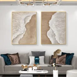 Handmade 3D Beige Minimalist Beach Painting Ocean Wave Painting on Canvas Ocean Abstract Art Textured Wall Art Wall Art Living Room Art Framed Ready To Hang