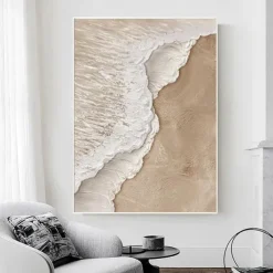 Handmade 3D Beige Minimalist Beach Painting Ocean Wave Painting on Canvas Ocean Abstract Art Textured Wall Art Wall Art Living Room Art Framed Ready To Hang