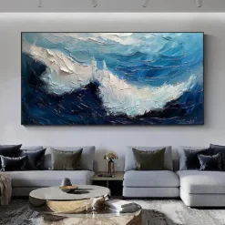 Handmade 3D Ocean oil painting handmade Wall Art Blue Huge Wave Oil Painting On Canvas Handpainted Sea Waves 3D Textured Abstract Painting Beach Landscape Sky oil painting for Living Room bedroom