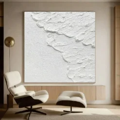 Handmade 3D White Oil Painting on Canvas Large hand painted Abstract Textured Palette Knife Boho oil painting Wall Art Custom Contemporary Minimalist artwork for Living Room bedroom home Decor