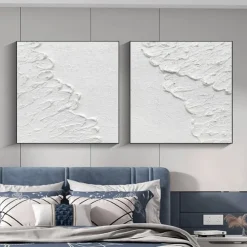 Handmade 3D White Oil Painting on Canvas Large hand painted Abstract Textured Palette Knife Boho oil painting Wall Art Custom Contemporary Minimalist artwork for Living Room bedroom home Decor