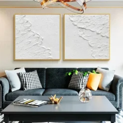 Handmade 3D White Oil Painting on Canvas Large hand painted Abstract Textured Palette Knife Boho oil painting Wall Art Custom Contemporary Minimalist artwork for Living Room bedroom home Decor