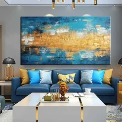 Handmade Gold blue Painting Hand Painted Oil Painting Wall Art Gold Foil Painting on Canvas Large Wall Art Texture contemporary art Home Decoration Rolled Canvas